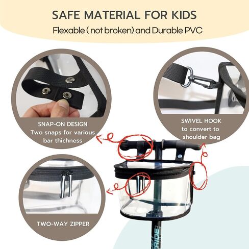 Kids Bike Basket - Transparent Bicycle, Scooter Handlebar Front Bag - Convert to Stadium Approved Crossbody Bag (Black) in Saudi Arabia