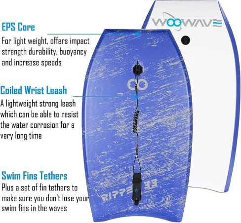WOOWAVE Bodyboard 33-inch/36-inch/41-inch Super Lightweight Body Board with Coiled Wrist Leash, Swim Fin Tethers, EPS Core and Slick Bottom, Perfect Surfing for Kids Teens and Adults in Saudi Arabia