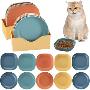 10 PCS Cat Food Bowl with Non Slip Feet, 5.7 Inch Wide Shallow Cat Bowl with Storage Tray, Whisker Fatigue Cat Dishes for Food, Flat Cat Plates for Wet Food, Kitten Bowls Set for Indoor Cats