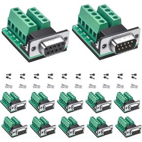10PCS RS232 DB9 Solderless Connector, D-SUB Serial to 2 Row 9-pin Port Terminal Adapter Breakout Board with Nuts (5PCS Male 5PCS Female)