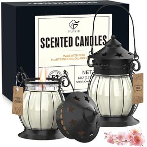 Citronella Candles Outdoor, 2 x 6oz Scented Candles with Vintage Metal Lantern Holder, Natural Citronella Soy Wax Candles, Lemongrass Candles for Patio, Garden, and Camping - Gifts for Women