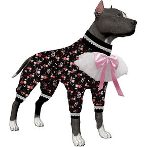 LovinPet Dog Pjs Large, UV Protection, Anxiety Calming Dog Pajamas Under Dog Coats as Bottoming, 4 Leg Large Dog Jumpsuit, Stretchable Vintage Floral Black, Pink Prints Pajamas for Big Dogs