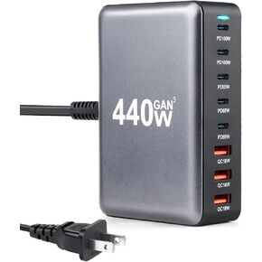 USB C Charger 440W GaN Fast Charger Block, GaN III 8-Port Fast Charging Station, 100W/65W AC Adapter Compatible with MacBook Pro/Air, Chromebook, Surface pro/go, HP/ASUS/DELL Laptop, iPhone, Android