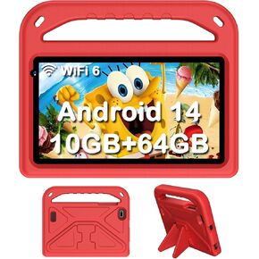 Kids Tablet, Android 14 Tablet for Kids 7 Inch, 8GB RAM 64GB ROM Toddler Tablet, Parental Control, 2.4G/5G WiFi 6, 1.8Ghz Octa-Core, Dual Camera, GMS, Kids IWAWA App Pre-Installed-Red