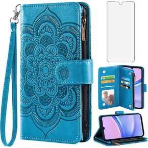 Asuwish Phone Case for Samsung Galaxy A15 5G Wallet Cover with Tempered Glass Screen Protector and Flower Leather Flip Credit Card Holder Stand Wrist Strap Cell Accessories A 15 4G 15A Women Men Blue in Saudi Arabia