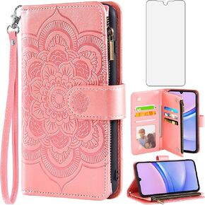 Asuwish Phone Case for Samsung Galaxy A15 5G Wallet Cover with Tempered Glass Screen Protector and Flower Leather Flip Credit Card Holder Stand Wrist Strap Cell Accessories A 15 4G 15A Women Men Blue