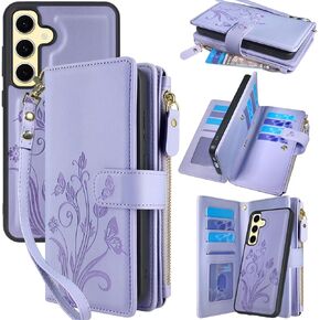 Lacass Case Wallet for Samsung Galaxy S24 FE S24FE 2024, [12 Card Slots] ID Credit Cash Holder Zipper Pocket Detachable Leather Wallet Cover with Wrist Strap Lanyard（Floral Blue Green）