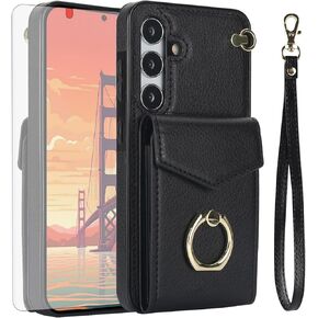Asuwish Phone Case for Samsung Galaxy S24 5G Wallet Cover with Tempered Glass Screen Protector and RFID Blocking Ring Stand Credit Card Holder Leather Cell Accessories S 24 24S G5 Women Men Rose Gold