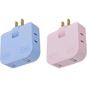 3 Way Flat Wall Plug Extender AC Adapter,Ultra Thin Folding Electrical Outlet Splitter,2-Prong Swivel Rotatable Socket,Perfect for Home and Travel. (Blue + Pink)