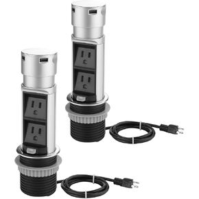 Link2Home 2 Pack Space Saver Pop Up Outlet Station with USB, 2 Power Outlets 15A, 2 USB Ports 2.4A Fast Charge Splash Resistant, Stainless-Steel Finish, for Kitchen Island, Office Table and Workshop