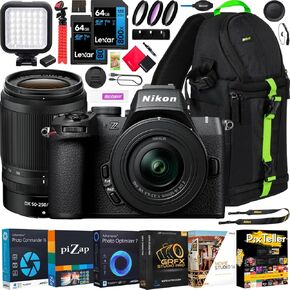 Nikon Z50II Mirrorless Camera 4K DX Body with 2 Lens Kit 16-50mm + 50-250mm VR 1788 Bundle with Deco Gear Photography Backpack +LED + Pack of 2 64GB Memory Cards + Software & Accessories
