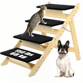 Dog Stairs/Dog Ramp with 4 Steps, Foldable Dog Stairs for High Beds Cars Couch, Durable Wooden Pet Stairs for Small Medium Large Dogs(Black-5098)