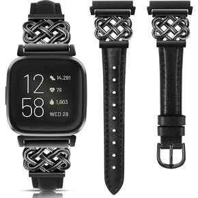 TOYOUTHS Celtic Knot Leather Band Compatible with Fitbit Versa 2/Versa/Versa Lite/SE Band Women, Slim Dressy Thin Designer Premium Leather Strap with Interlock Buckle for Fitbit Versa 2 Smartwatch