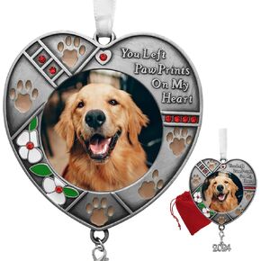 2024 Pet Memorial Christmas Photo Ornament - Hanging Picture Ornament - Paw Prints on My Heart Poem Message - Gift/Storage Bag Included