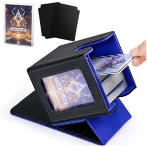 CMFYlive Card Deck Box with Commander Display, MTG Deck Box Fits 100+ Double Sleeved Cards, PU Leather Cards Storage Box TCG Card Storage Box with 2 Dividers and 1 Toploader (Black&Blue)