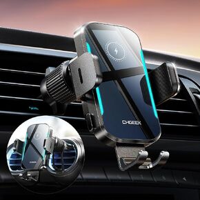 CHGeek Wireless Car Charger, 15W Fast Charging Car Phone Holder Charger Auto-Clamping Air Vent Phone Mount Car Charger with Blue LED Backlit for iPhone 15 14 13 12, Samsung S24 S23 S22, Blue