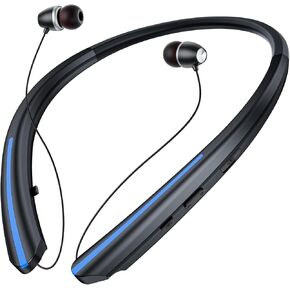 Neckband Bluetooth Headphones Retractable - Wireless Earbuds with Mic, 20+ Hours Playtime, Noise Cancelling Stereo Sound, USB-C, for Sports, Travel, and Work (Black Blue)