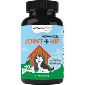Vitamatic Maximum Strength Joint & Hip Health Supplement for Dogs - 120 Chicken Flavored Tablets - Made with: Glucosamine, Chondroitin, MSM, Hyaluronic Acid, Manganese, Bromelain. White Willow & Yucca