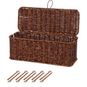 Cable Management Box, Rattan Style Cord Organizer for Desk Cord Hider Outlet Covers Baby Proofing for Power Strip TV PC Router Charger Under Desk Storage with Lockable Lid and Cable Ties