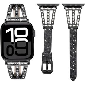 Bling diamond Band Compatible with Apple Watch Bands 38mm 40mm 41mm 42mm 44mm 45mm 46mm 49mm, diamond metal with Glitter Leather Band For iWatch Series 10 9 8 7 6 SE 5 4 3 2 1 Ultra Ultra 2