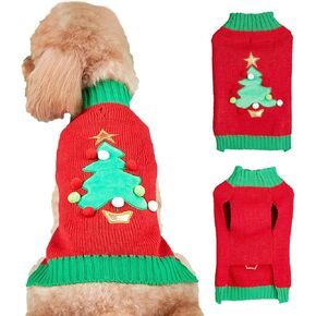 Jecikelon Knit Puppy Sweater for Small Dogs Winter Dog Clothes Christmas Tree Soft Warm Pet Knitwear Outfits Pullover Doggy Cats Clothing with Leash Hole (Medium, Red)