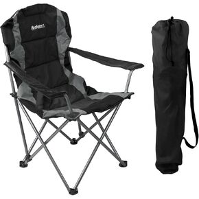 GigaTent Black Folding Camping Chair – Ultra Lightweight Collapsible Quad Padded Lawn Seat with Full Back, Arm Rests, Cup Holder and Shoulder Strap Carrying Bag - Powder Coated Steel Frame