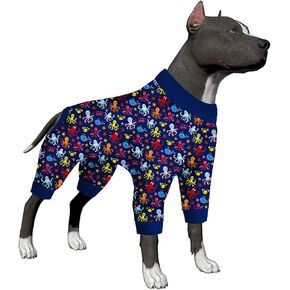 LovinPet Doberman Dog Pjs - قميص مهدئ للقلق، بيجامة مضادة لللعق للكلاب، طباعة حيوانات بحرية، بيجامة كبيرة للكلاب خفيفة الوزن، بيجامة للحيوانات الأليفة للحفلات والتخييم والسفر والمنزل، أرجواني أسود M