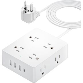 European Travel Plug Adapter, Olcorife US to Europe Type E/F Plug Adapter, International Power Strip with 8 Outlets and 4 USB(1 USB-C), 5 FT Cord for Germany France Iceland Spain