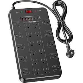 Surge Protector Power Strip - 22 Outlets with 6 USB (2 USB C) Charging Ports, Multi Plug Outlet Extender, 6.5Ft Flat Plug Heavy Duty，Compatible with iPhone 15,Cord for Home, Office,Gaming Room, Black