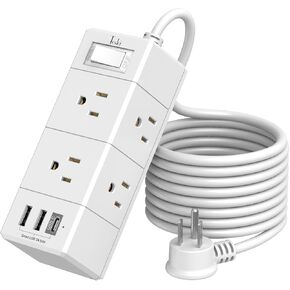 10Ft Extension Cord Flat Plug Power Strip - Tcstei 3-Side Outlet Extender with 6 AC Outlets and 3 USB Ports (1 USB C), No Surge Protector, Compact for Home, Office, Dorm Room Essentials, ETL, White