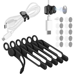 Nearockle Silicone Cable Ties & Magnetic Cord Organizer with Magnet Base, Dual Use of Bundling and Fixing Phone Charger Cord, 12Pcs Reusable Cord Holder Keeper for Desk Car Office (White&Black)