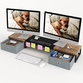 Dual Monitor Stand Riser with 2 Drawers - 39Inch Large Storage Computer Monitor Stands for 2 Monitors, Wooden Desktop Organizer Perfect for Home Office Desk, Computer, Laptop, TV, White