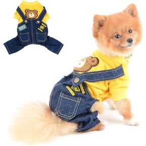 SELMAI Dog Outfits for Small Dogs Boy Girl Spring Shirts Denim Bib Pants 2 Pockets Jumpsuits One Piece Apparel for Cats Puppies Chihuahua Clothes Adorable Overall for Medium Pet 4 legs Autumn Yellow S