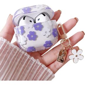 MINSCOSE Compatible with AirPods 4 Clear Case,Cute Cartoon Flower Pattern Design with Floral Keychain, Soft TPU Protective Shockproof Case for AirPods 4 for Girls Women-White