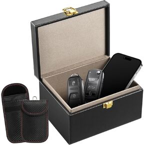 VEVOR Faraday Box, PU Leather Signal Blocking Holde, Keyless Fob, Protector Shielding with 2 Key Bag, for WiFi, RFID, GPS, Bluetooth & 5G, Anti-Theft Box and Anti-Hacking Blocker(6.3 x 5.1 x 3.7)