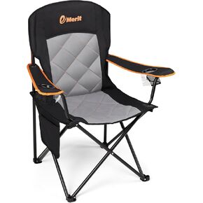 EMERIT Oversized Padded Camping Chair, 350LB Heavy Duty Quad Fold Chair with Arms, Collapsible Outdoor Chairs with Lumbar Back & Cup Holder Black