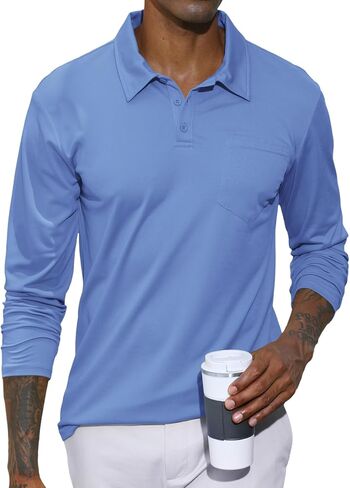 Lexiart Mens Casual Polo Shirts Cotton Basic Long Sleeve Classic Polo Shirts Solid Color Golf Shirt with Pocket in Saudi Arabia