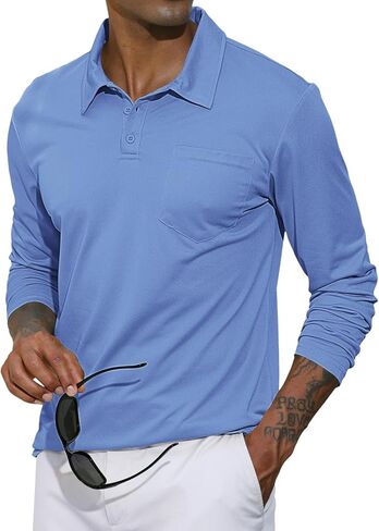 Lexiart Mens Casual Polo Shirts Cotton Basic Long Sleeve Classic Polo Shirts Solid Color Golf Shirt with Pocket in Saudi Arabia