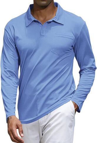 Lexiart Mens Casual Polo Shirts Cotton Basic Long Sleeve Classic Polo Shirts Solid Color Golf Shirt with Pocket in Saudi Arabia