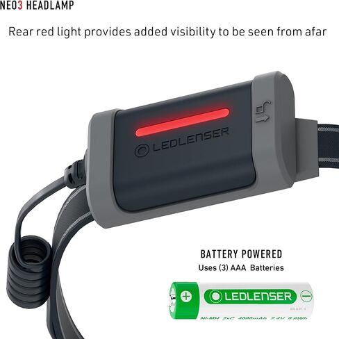 Ledlenser NEO3 Headlamp, 400 Lumen, Separate Flood and Spot Light, Red Rear Light (Black) in Kuwait