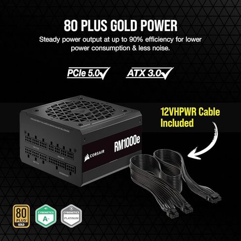 Corsair RM1000e (2023) مصدر طاقة منخفض الضوضاء معياري بالكامل - متوافق مع ATX 3.0 وPCIe 5.0 - مكثفات مصنفة 105 درجة مئوية - كفاءة ذهبية 80 بلس - دعم الاستعداد الحديث - أسود (متجدد) in Kuwait