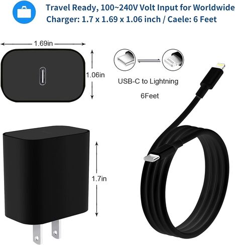 Xpxwaiyds لشاحن iPhone السريع، 3 عبوات لهاتف iPhone 14 13 12 11 شاحن طاقة USB C مع كابل 6FT، لكابل Lightning متوافق مع iPhone 13/13 Pro Max/12/12 Mini/Pro/11/XS/X/8Plus/iPad أسود in Kuwait