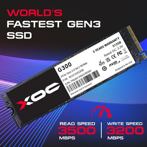 XOC G300 512GB Gen3 NVMe SSD, M.2 PCIe 3.0, Up to 3500 MB/s Read & 3200 MB/s Write, High-Speed Storage Solution for Gaming, Content Creation, and Everyday Computing - Compact Form Factor for Laptops in Saudi Arabia
