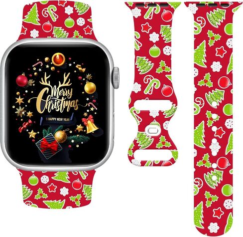 Christmas Watch Band Holiday Watch Bands Compatible with Apple Watch 38mm 40mm 41mm 42mm 44mm 45mm, Xmas Silicone Christmas Pattern Replacement Bands Wristbands Strap Compatible with All iWatch Series in Kuwait