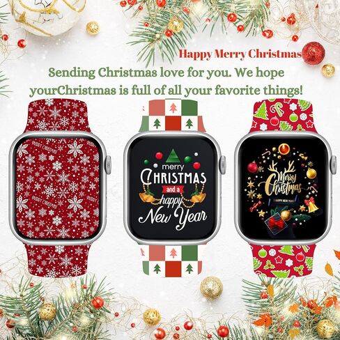 Christmas Watch Band Holiday Watch Bands Compatible with Apple Watch 38mm 40mm 41mm 42mm 44mm 45mm, Xmas Silicone Christmas Pattern Replacement Bands Wristbands Strap Compatible with All iWatch Series in Kuwait