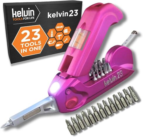 Kelvin Tools Kelvin 23 Urban Multi Tool Screwdriver Set All in One with 16 Bit Set, Tape Measure, Liquid Level, Hammer, Flashlight Multibit Pocket Screwdriver, Universal Precision Screwdriver - Pink in Saudi Arabia