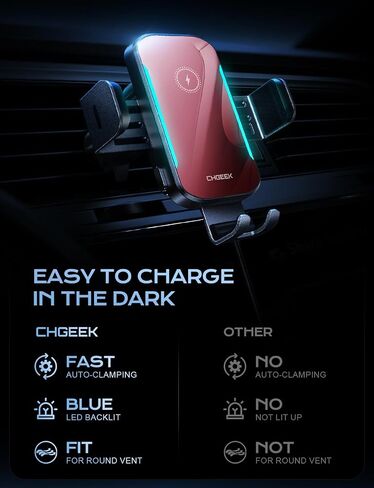 CHGeek Wireless Car Charger, 15W Fast Charging Car Phone Holder Charger Auto-Clamping Air Vent Phone Mount Car Charger with Blue LED Backlit for iPhone 15 14 13 12, Samsung S24 S23 S22, Blue in Saudi Arabia