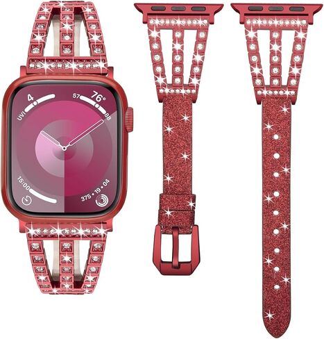 Bling diamond Band Compatible with Apple Watch Bands 38mm 40mm 41mm 42mm 44mm 45mm 46mm 49mm, diamond metal with Glitter Leather Band For iWatch Series 10 9 8 7 6 SE 5 4 3 2 1 Ultra Ultra 2 in Saudi Arabia