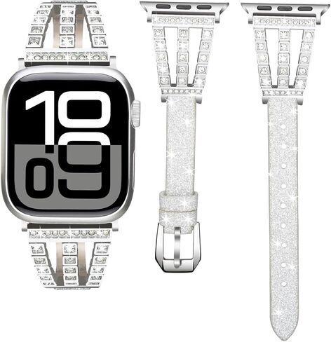 Bling diamond Band Compatible with Apple Watch Bands 38mm 40mm 41mm 42mm 44mm 45mm 46mm 49mm, diamond metal with Glitter Leather Band For iWatch Series 10 9 8 7 6 SE 5 4 3 2 1 Ultra Ultra 2 in Saudi Arabia