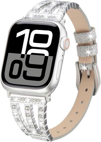 Bling diamond Band Compatible with Apple Watch Bands 38mm 40mm 41mm 42mm 44mm 45mm 46mm 49mm, diamond metal with Glitter Leather Band For iWatch Series 10 9 8 7 6 SE 5 4 3 2 1 Ultra Ultra 2 in Saudi Arabia